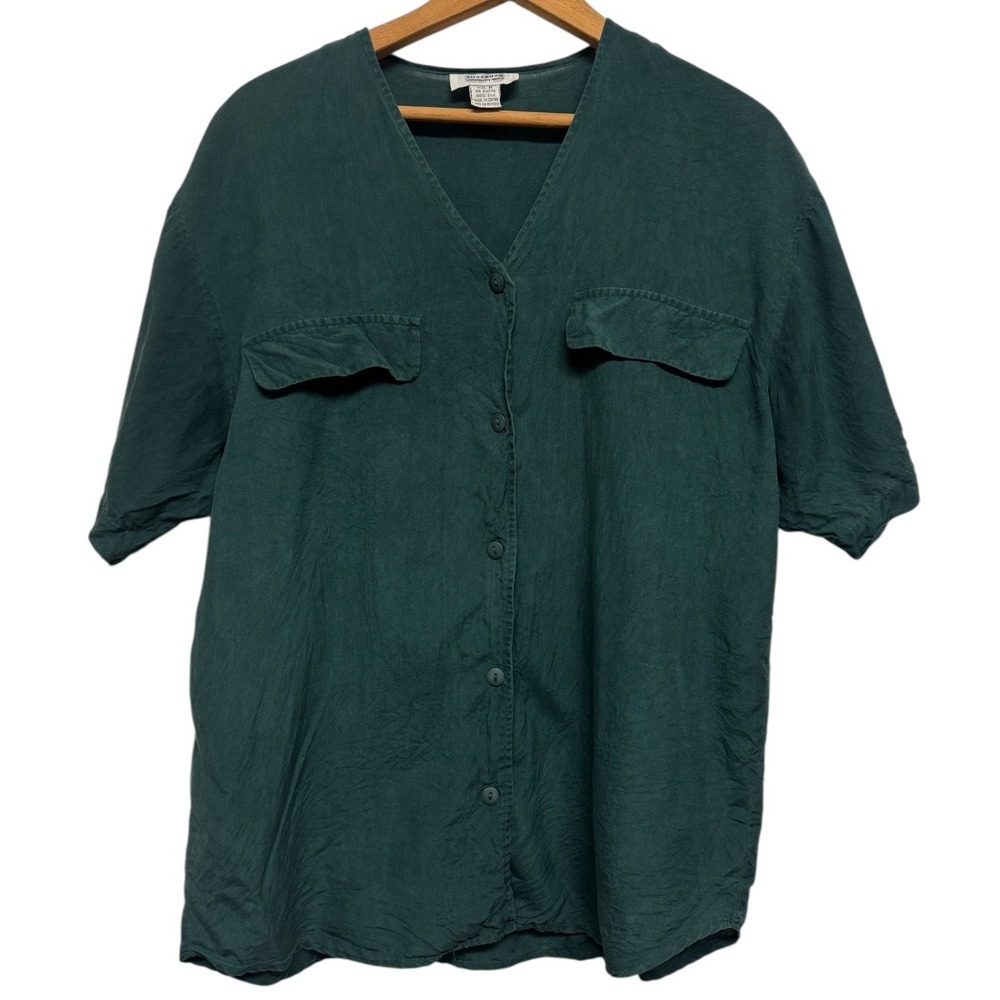 SOstanza Women's Green‎ Silk V Neck Short Sleeve Button Front Blouse Shirt Top M